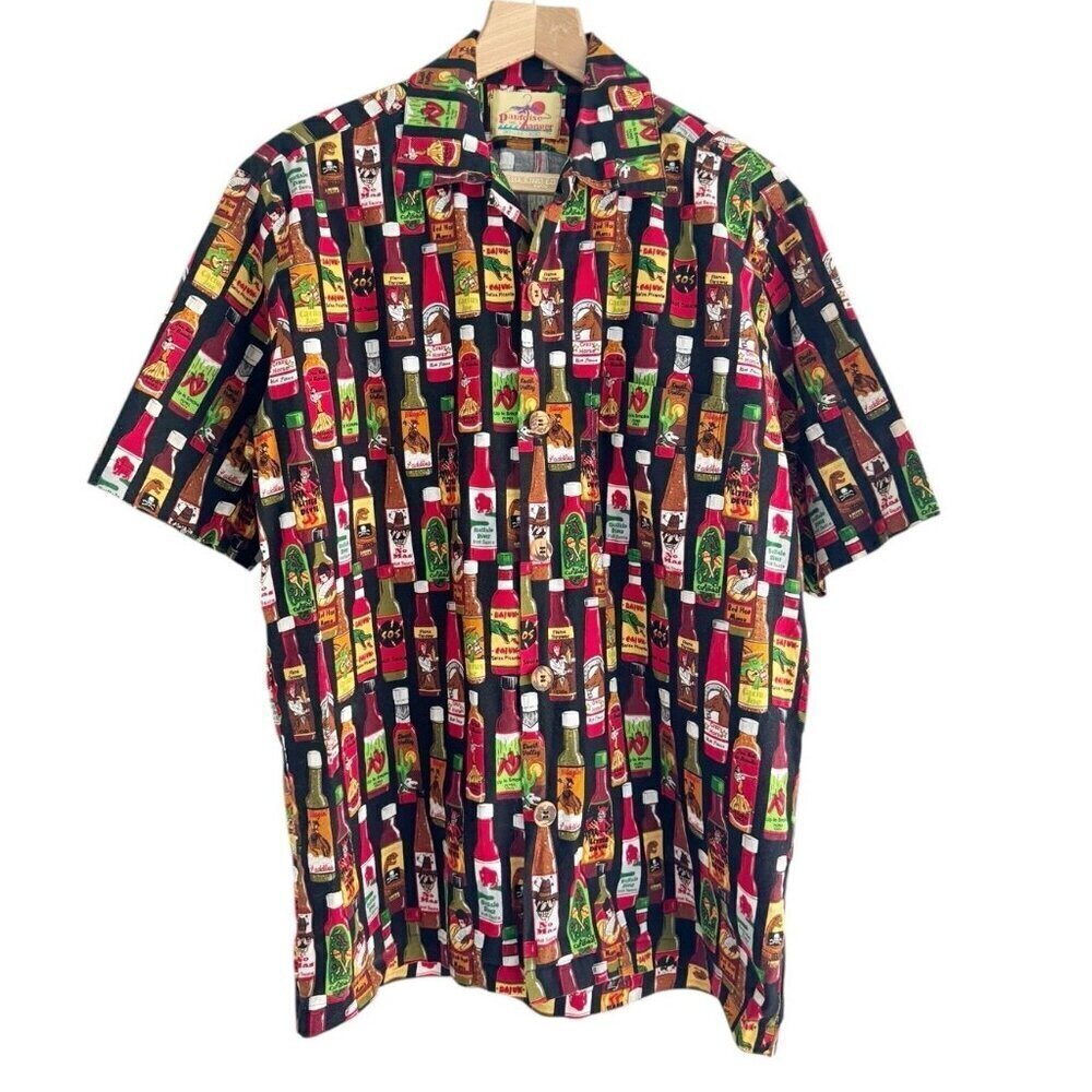 Vintage 90s Men’s Sz L Paradise On A Hanger Black Camp Hawaiian Shirt Hot Sauce